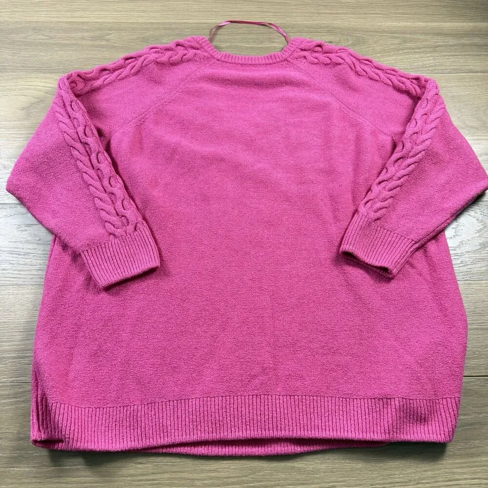 Lane Bryant Sweater Women 26/28 Hot Pink Cable Knit Ribbed Hems Tunic Vneck